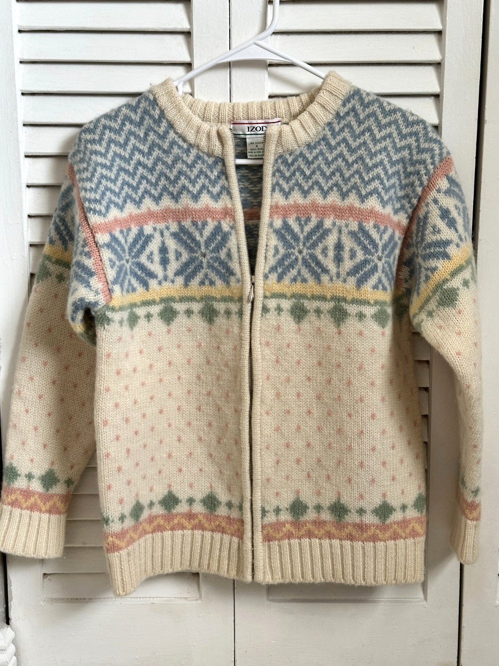 Vintage Izod Fair Isle Nordic Wool Cardigan S Zip Up Womens Pastel Cottagecore